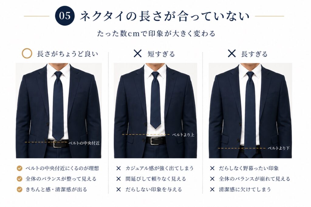スーツ　ネクタイの長さが合っていない