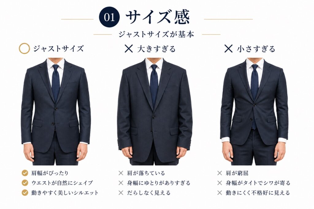 スーツサイズ感　肩幅　ウエスト　着丈　ジャストサイズ　NG 比較