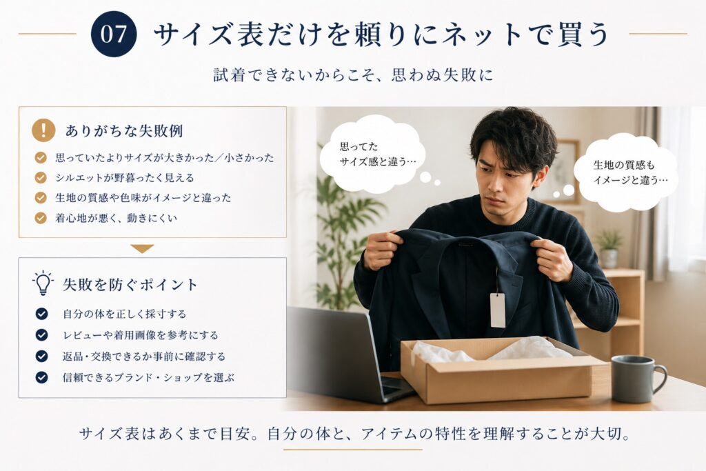 スーツ　サイズ表だけを頼りにネットで買う　失敗