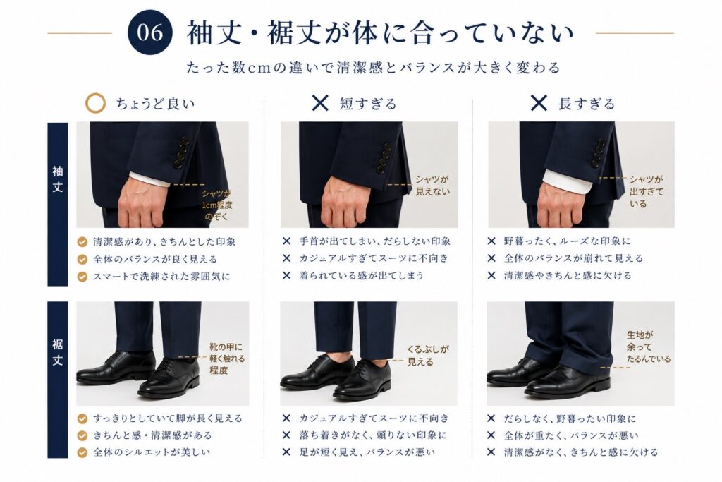 スーツ　袖丈・裾丈が体に合っていない　補正ススメ