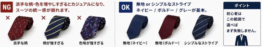 ネクタイ　スーツ用　NG例　正解例