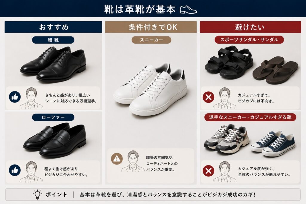 ビジカジ　革靴 vs スニーカー比較　NG