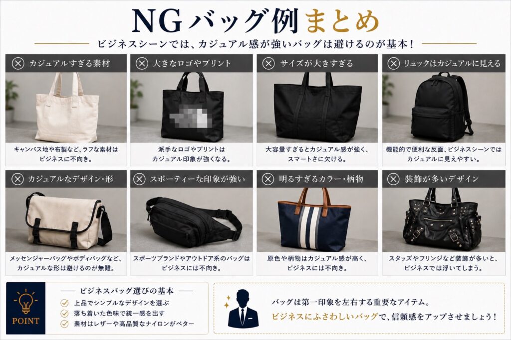 スーツ　ビジネス用バッグ　NGバッグ例まとめ画像　モザイクIN