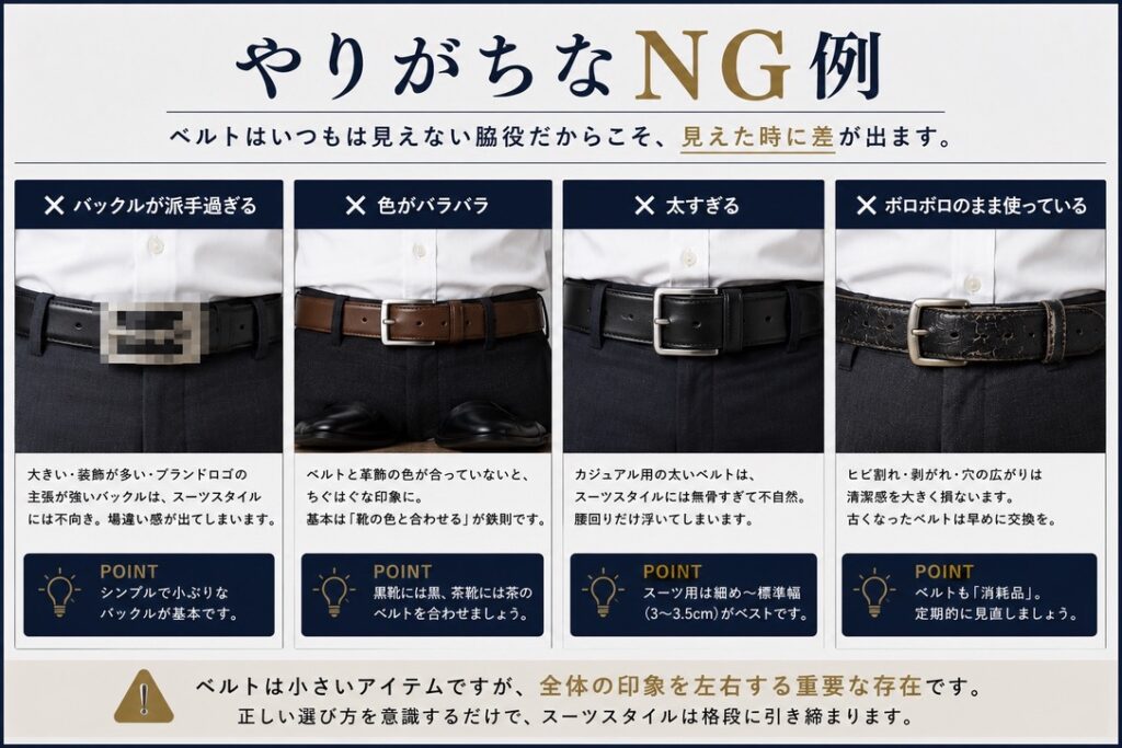 スーツ　ベルト　やりがちNG例　比較