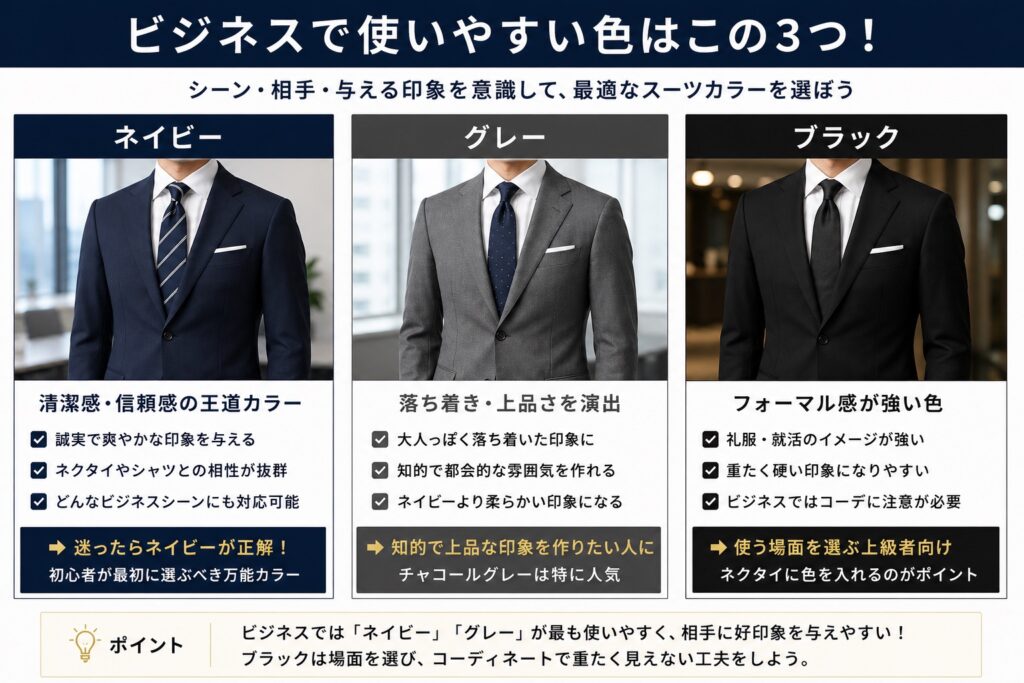 スーツ　カラー比較　ネイビー　グレー　ブラック