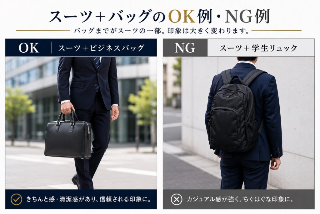 スーツ＋ビジネスバッグOK例 スーツ＋学生リュックNG例