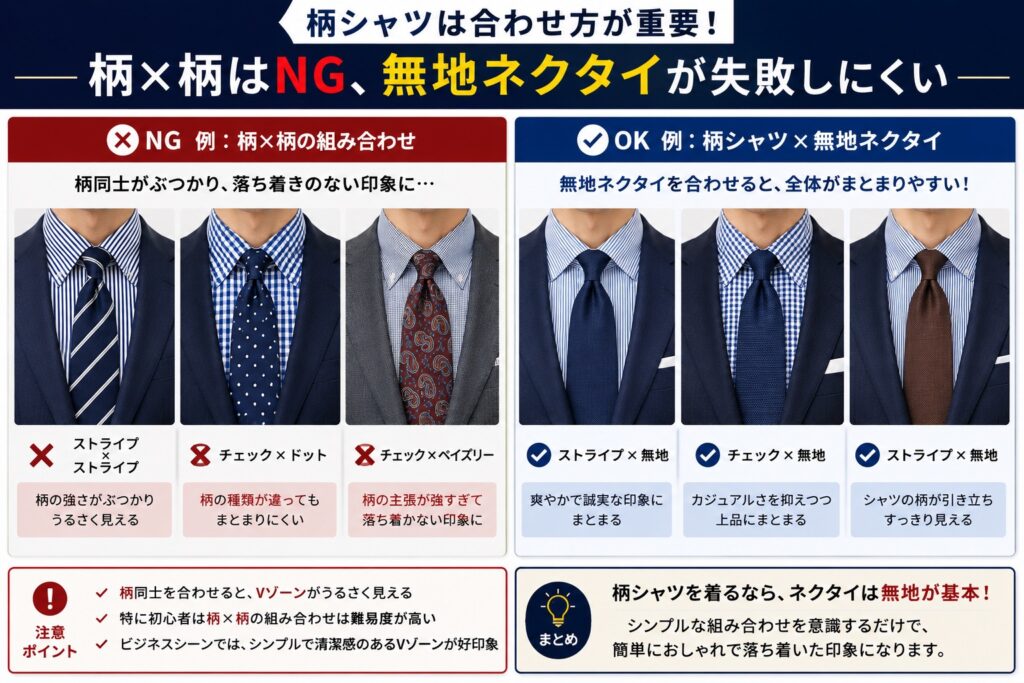 柄×柄NG例と無地ネクタイOK例比較　スーツ