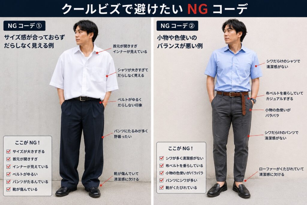 クールビズ　NG例　半袖シャツ　スラックス　サイズ