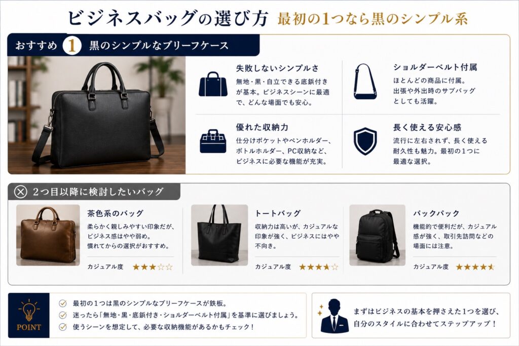 スーツ　ビジネス用バッグ　初心者向けバッグ3種類比較