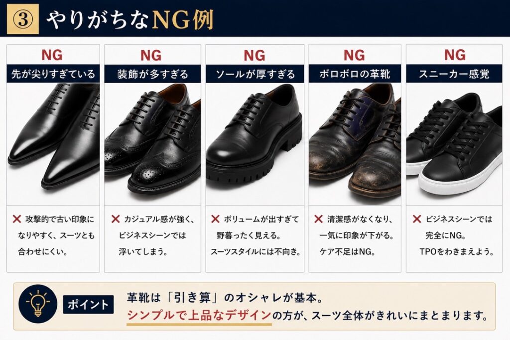 革靴　スーツに合わせる　NG例