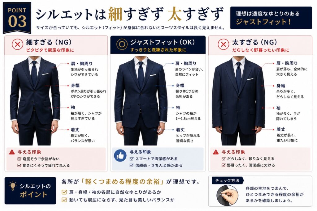 シルエットは細すぎず太すぎず　スーツ　フィット比較