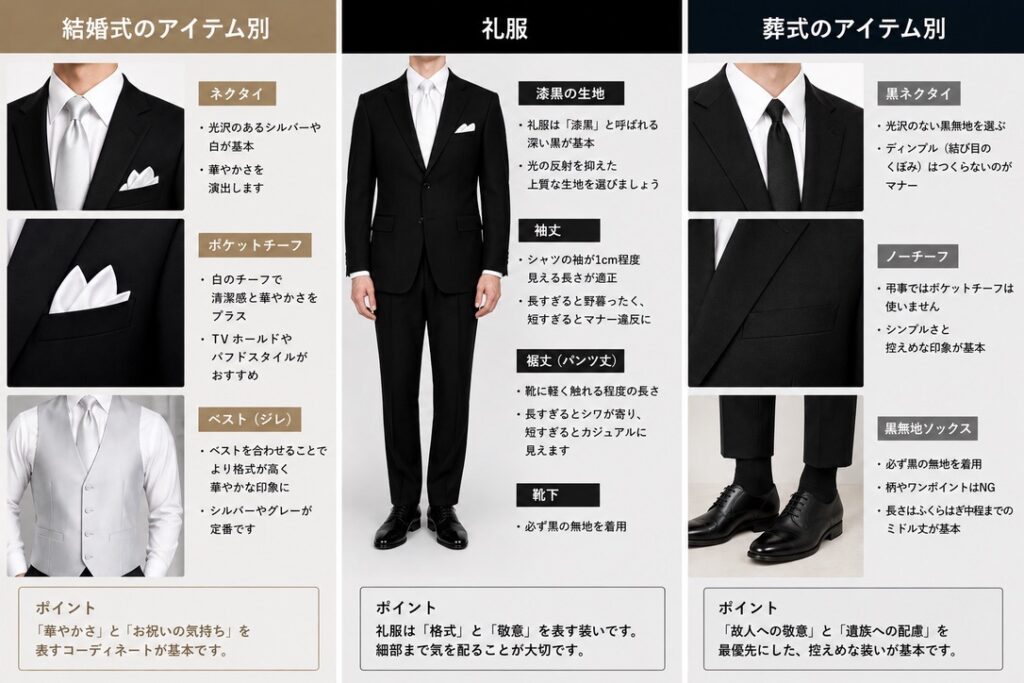 礼服　シーン別　コーディネート　解説　比較