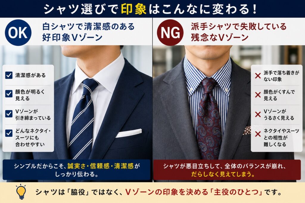 白シャツ＋ネイビースーツ＋ネイビーネクタイの王道コーデ