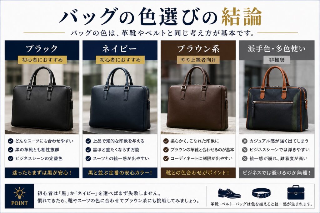 黒・ネイビー・ブラウン・派手色比較　スーツ用　バッグ