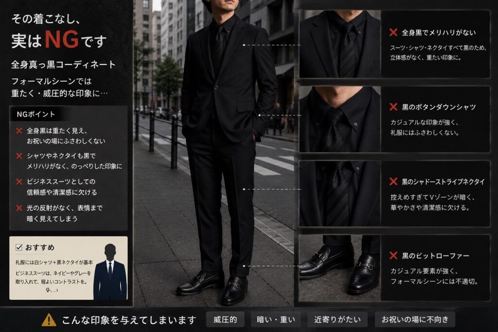 フォーマル　勘違いコーデ　全部真っ黒　NG解説