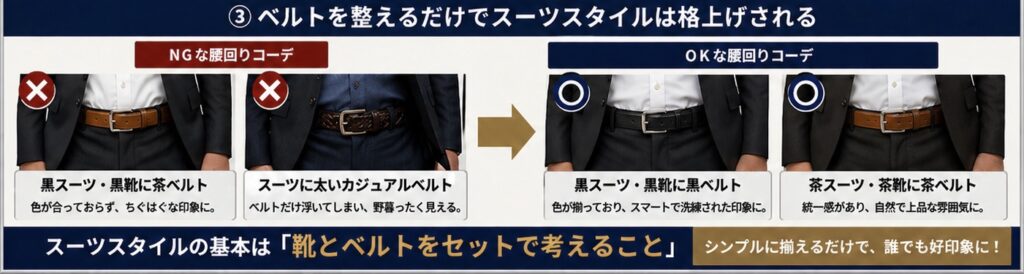 スーツ　ベルト　比較　NGとOK
