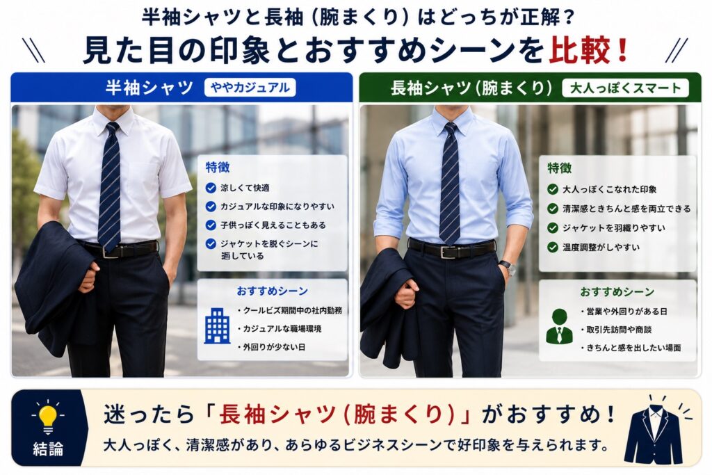 スーツ　Yシャツ　半袖シャツと長袖腕まくり比較　クールビズ