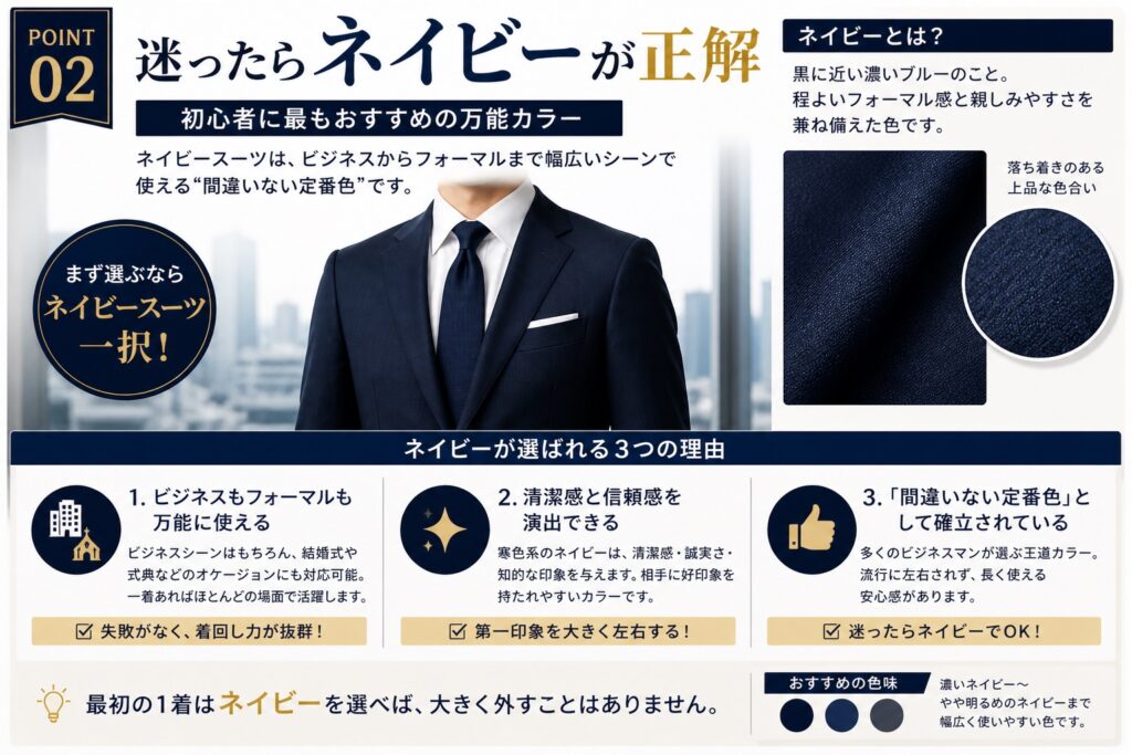 ②色はネイビーが無難　スーツ