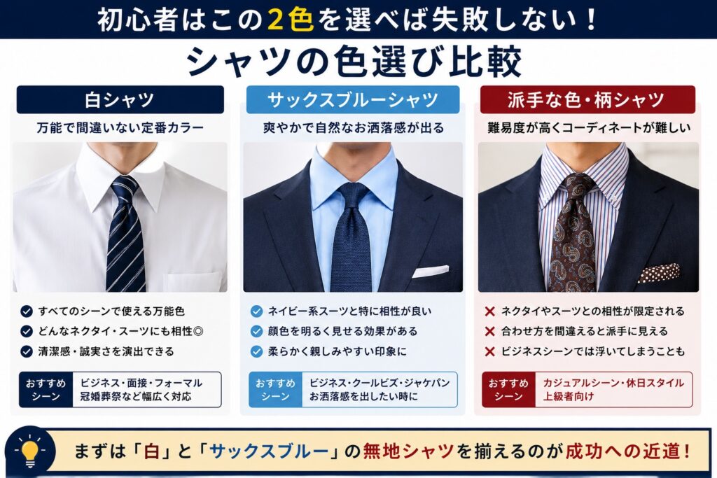 白・サックスブルー・派手柄シャツ比較