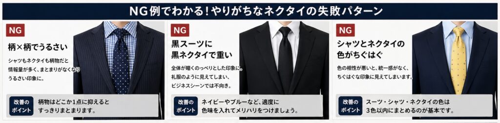 スーツ　ネクタイ　NG
・柄×柄でうるさい
・黒スーツ×黒ネクタイで重い
・シャツとネクタイの色がちぐはぐ