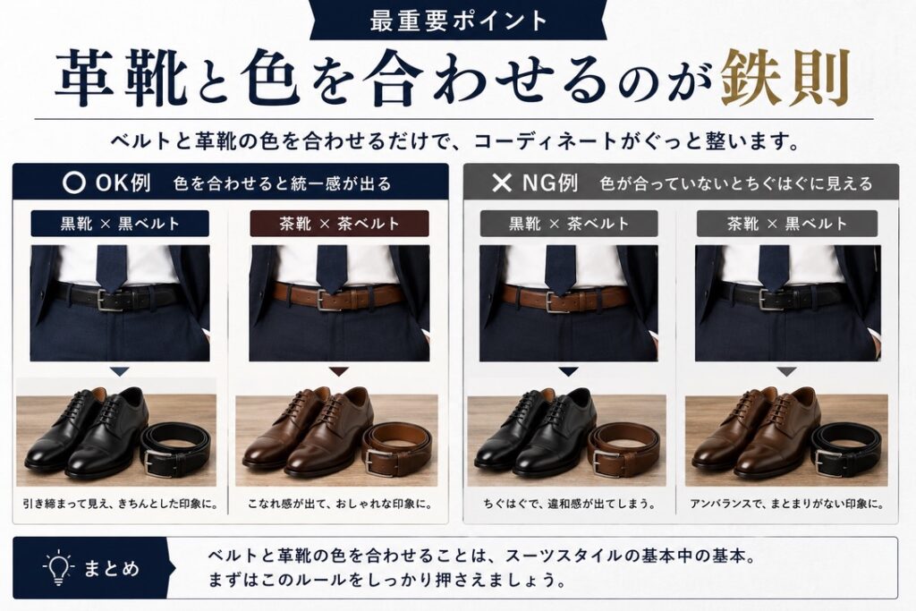 ベルトと革靴の色を合わせることは、スーツスタイルにおける“鉄のルール”