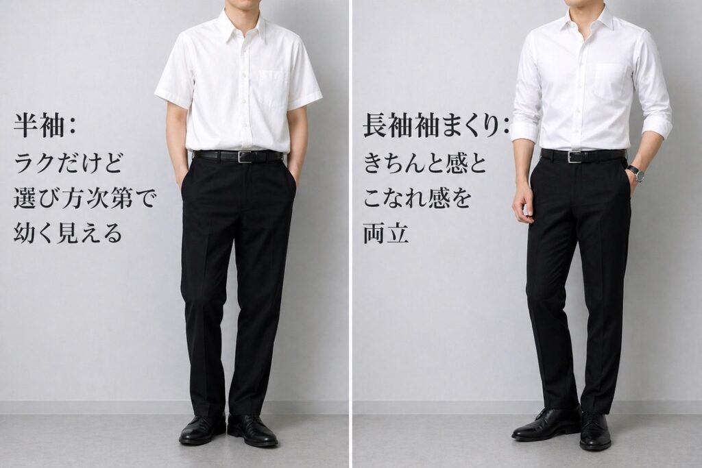 より大人っぽく見せるなら長袖の袖まくりもおすすめ　半袖シャツVS長袖腕まくり