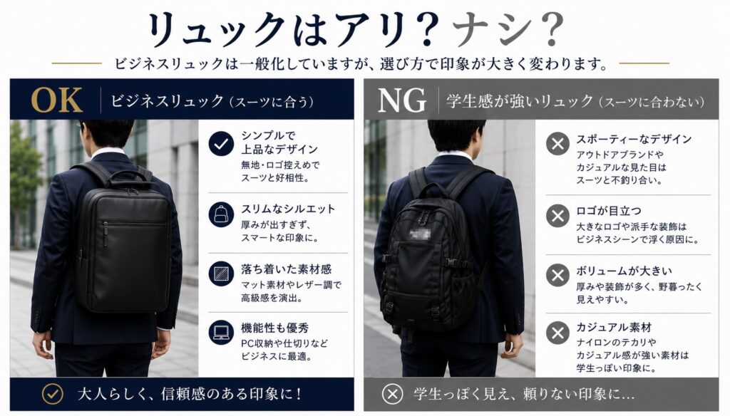スーツ用　バッグ　ビジネスリュックOK / NG比較