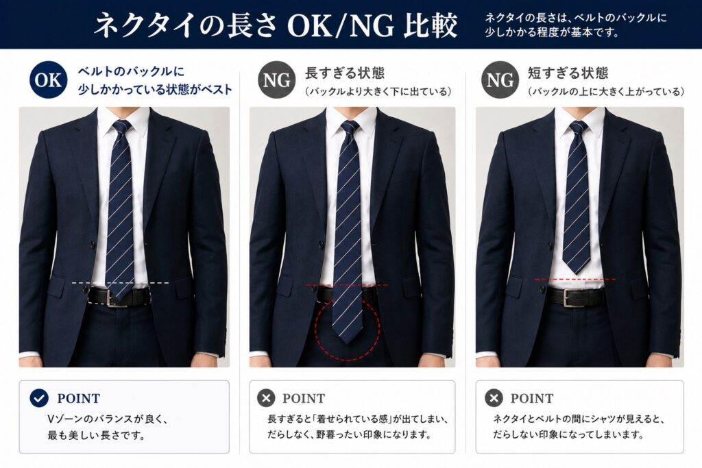 スーツ　ネクタイ　長さ　NG OK 比較