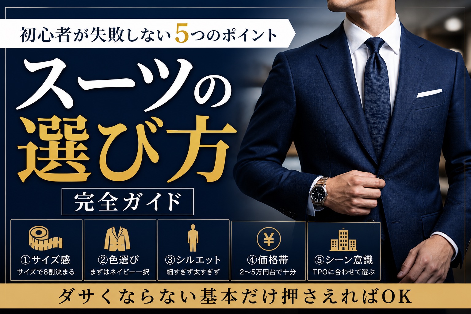 スーツの選び方完全ガイド｜初心者が失敗しない5つのポイント　サムネイル