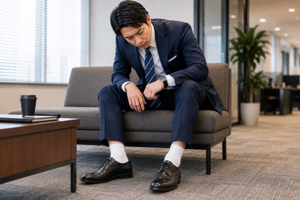 【導入イメージ画像】
スーツ姿で靴下だけ浮いているビジネスマン