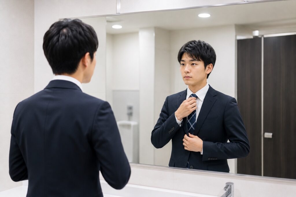 【イメージ画像挿入】
面接前に身だしなみを確認する男性