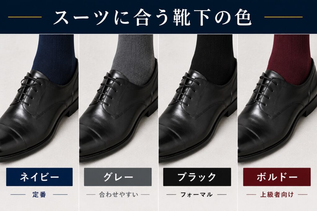 【スーツ用ソックス色比較画像】
靴下
・ネイビー
・グレー
・ブラック
・ボルドー