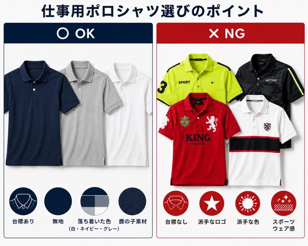【ビジカジ比較画像】
ポロシャツ
⭕ OK
・無地
・ジャストサイズ
・台襟あり
❌ NG
・派手色
・大きすぎる
・台襟なし