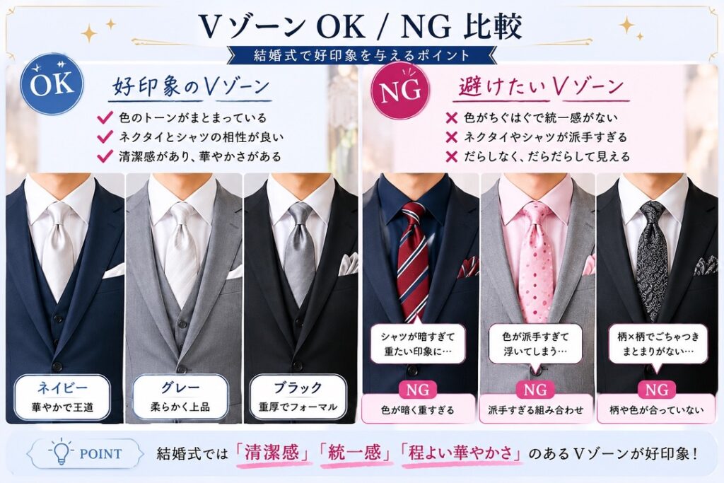 結婚式　スーツ　VゾーンOK/NG比較