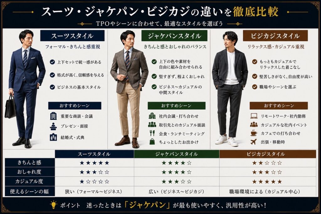 スーツ・ジャケパン・ビジカジ比較