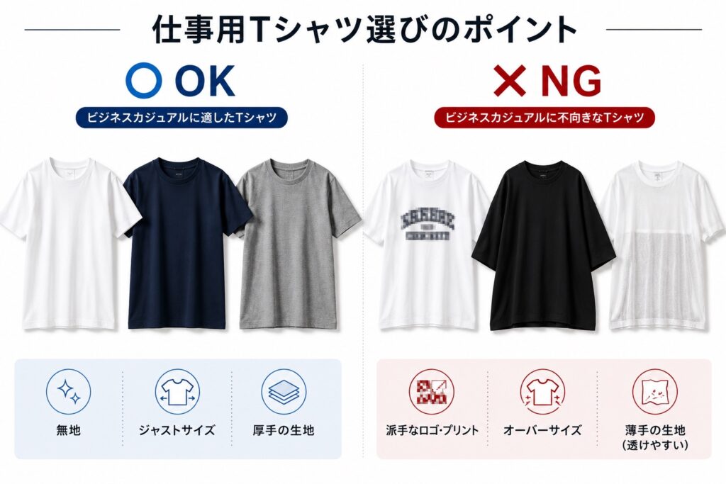 【比較画像】
スーツ　Tシャツ
⭕ OK
・厚手無地・ジャストサイズ
❌ NG
・薄手・ロゴ・オーバーサイズ