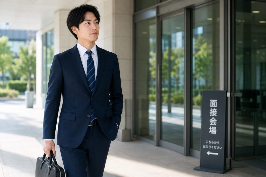 【イメージ画像挿入】 清潔感のあるネイビースーツ姿の男性（面接会場背景）