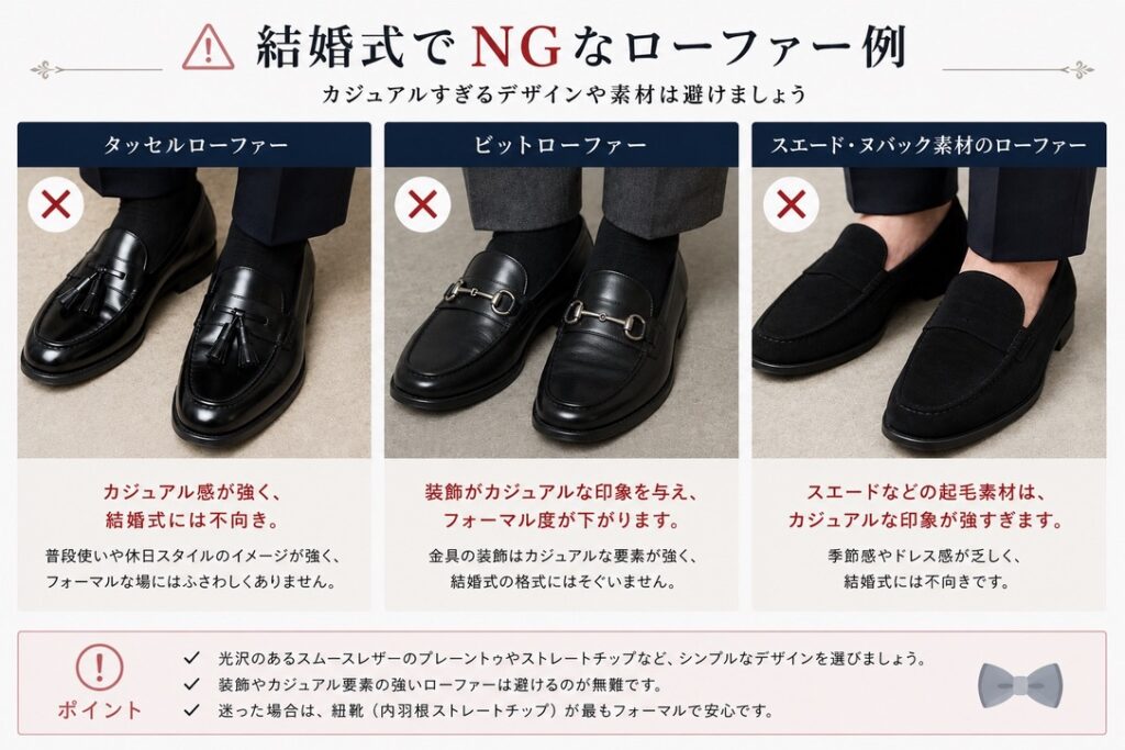 結婚式　スーツ　NGローファー例