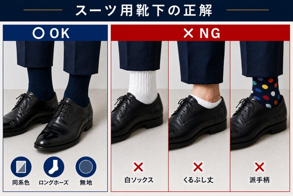 【OK・NG比較画像】
⭕ パンツと同色
⭕ ロングホーズ
⭕ 無地
❌ 白靴下
❌ くるぶし丈
❌ 派手柄