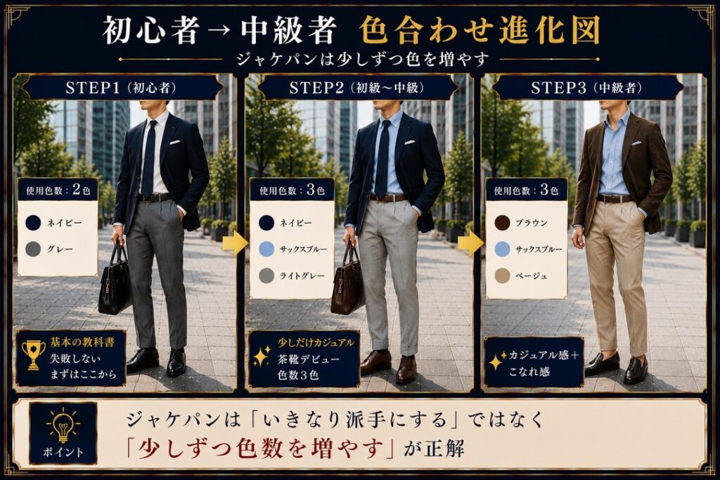 ジャケパン　初心者→中級者 色合わせ進化図