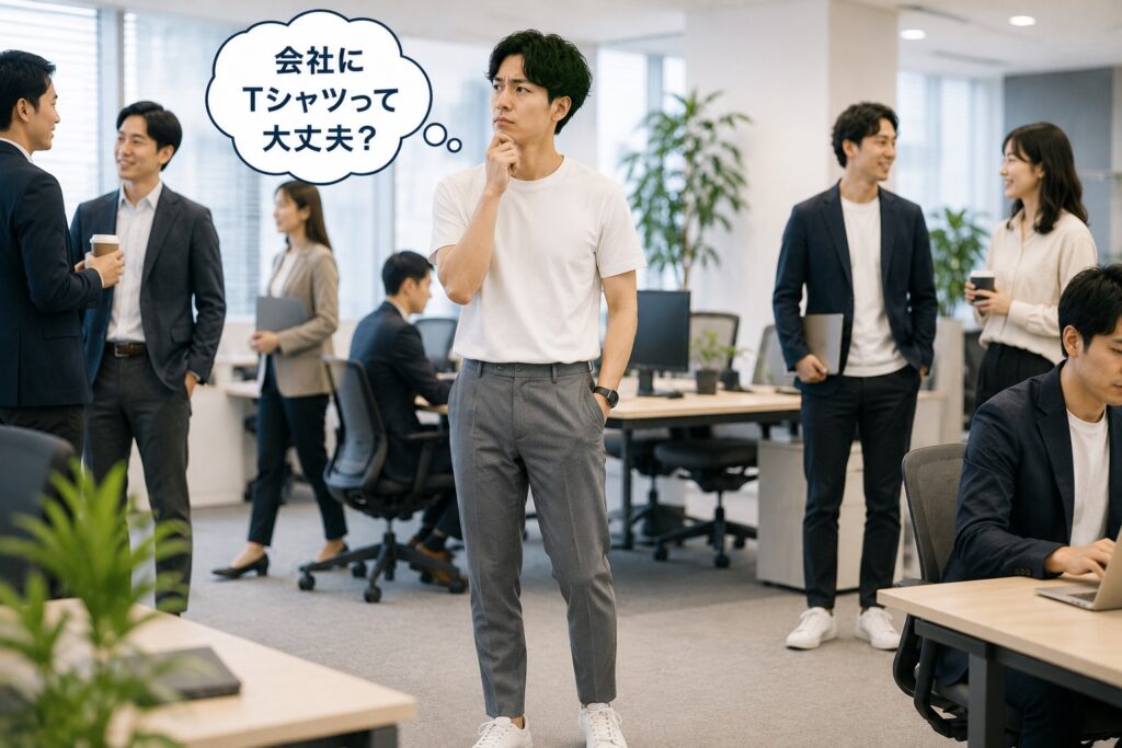 【導入イメージ画像】
オフィスでTシャツ選びに悩むビジネスマン