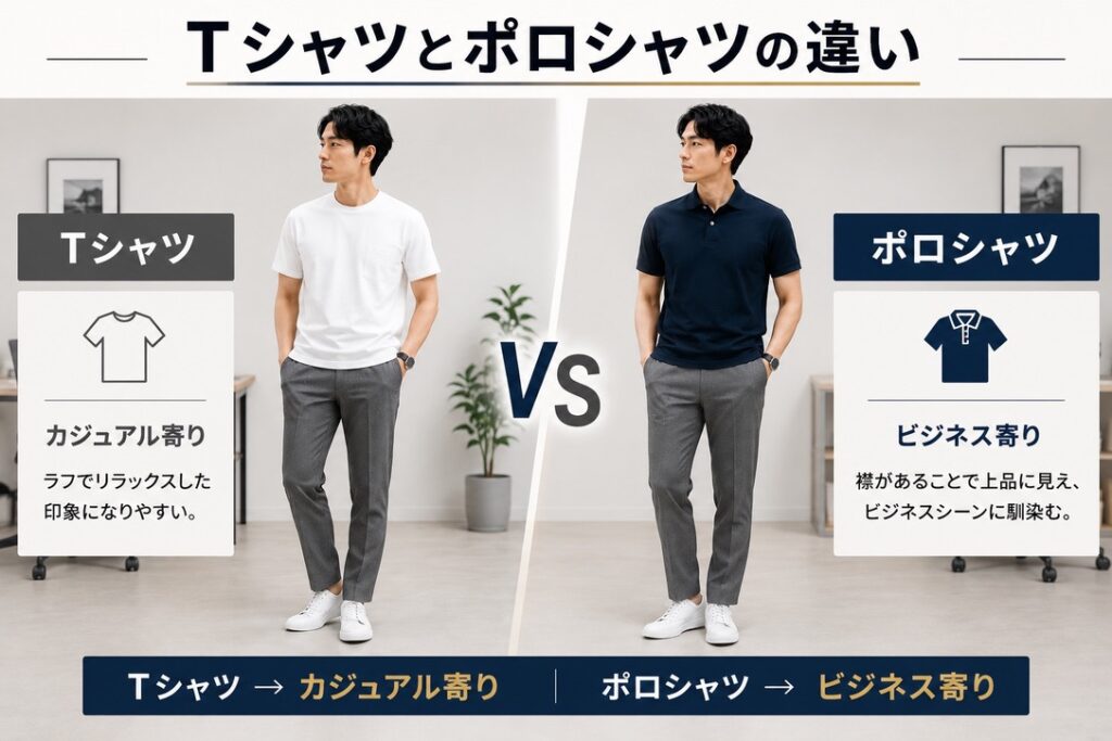 【ビジカジ比較画像】
OK ポロシャツ
NG Tシャツのみ
比較