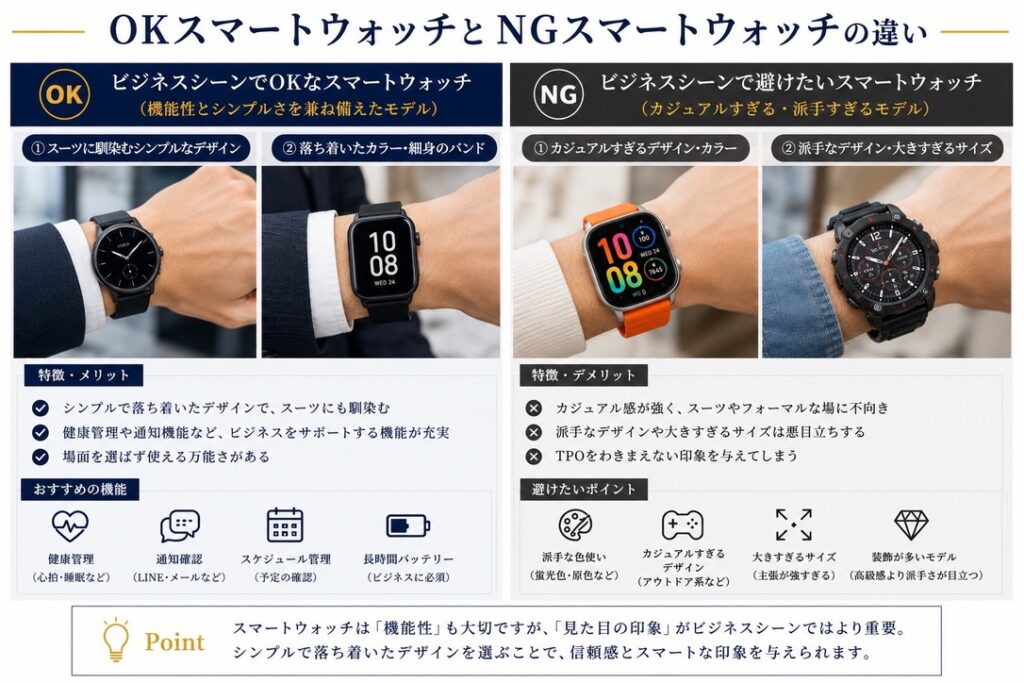 【解説画像】
OKスマートウォッチ・NGスマートウォッチ