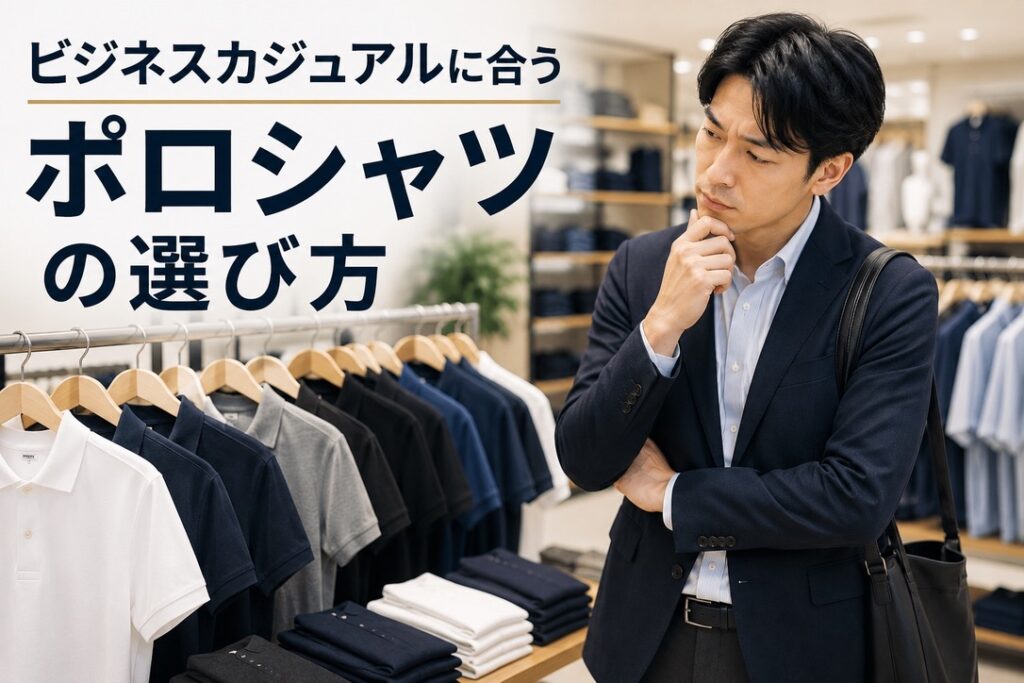 ビジネスカジュアルに合うポロシャツの選び方｜失敗しない基本ルール サムネイル画像2
【導入イメージ画像】
ポロシャツ売場で悩むビジネスマン