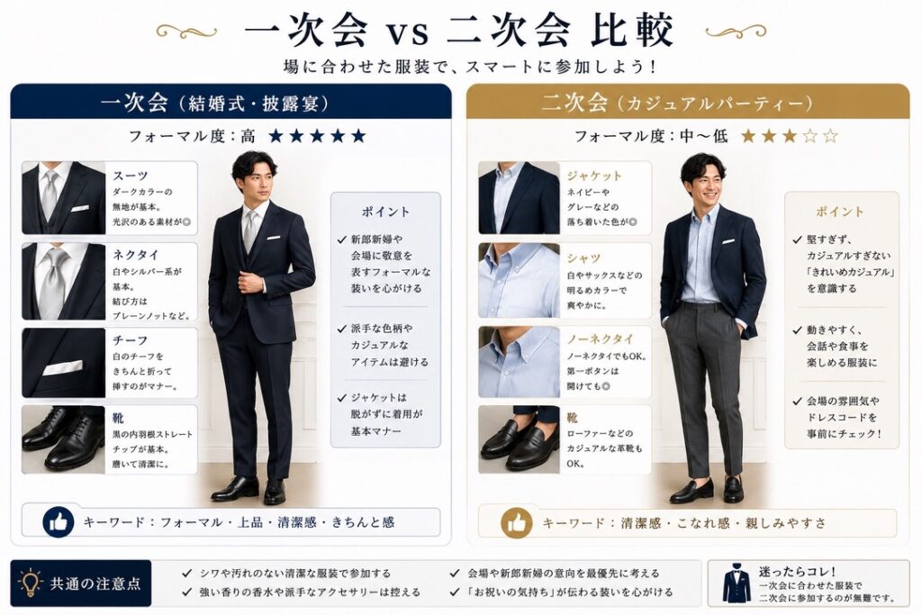 結婚式　スーツ　一次会 vs 二次会比較