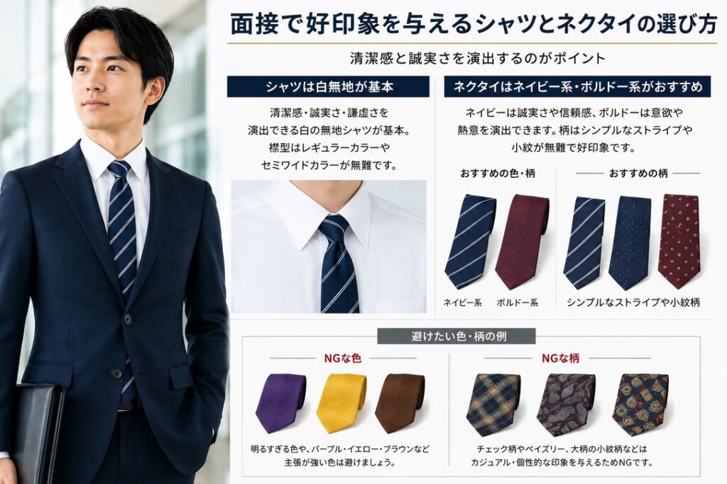 面接　スーツ　白シャツとネイビーネクタイの好印象コーデ