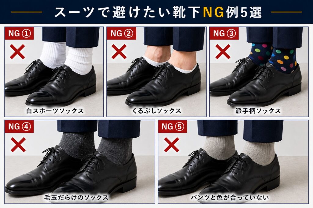 【NG例5選画像】
スーツ用ソックス　靴下　失敗