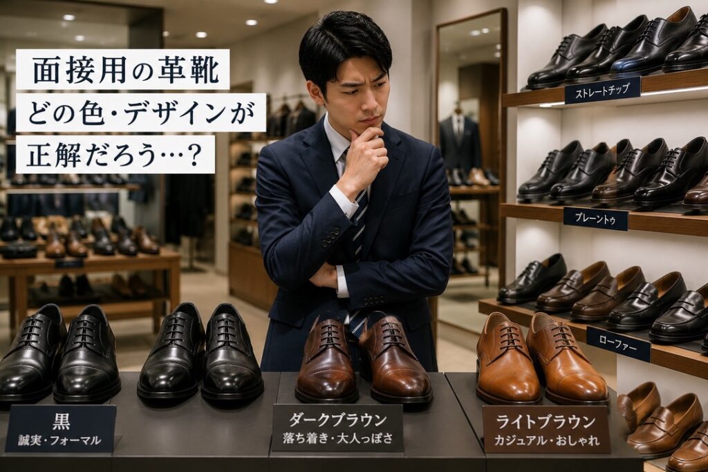 【イメージ画像】
革靴売場で面接用シューズを選んでいる男性