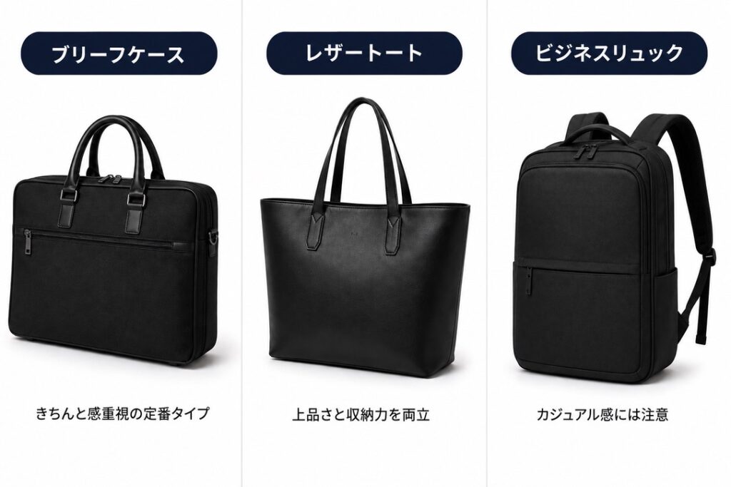 【面接バッグ種類比較画像】
⭕ ブリーフケース
⭕ シンプルなレザートート
△ ビジネスリュック