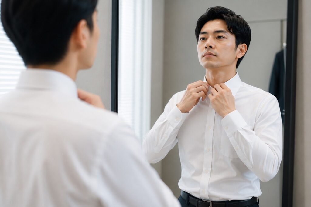 【導入イメージ画像】
面接前にシャツの襟元を確認する男性